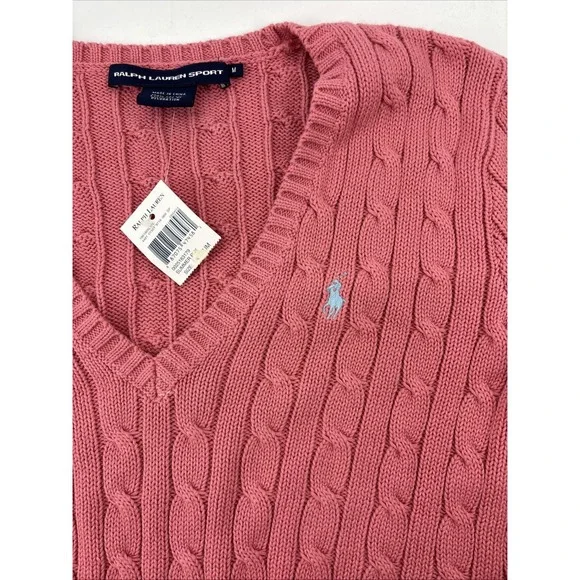 RALPH LAUREN Sport Women's Summer PINK CABLE KNIT V NECK SWEATER NWT Medium - Picture 2 of 8